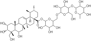 Madecassoside, O-6-Deoxy-alpha-L-mannopyranosyl-(1.4)-O-beta-D-glucopyranosyl-(1.6)-beta-D-glucopyranosyl (2alpha,3beta,4alpha,6beta)-2,3,6,23-tetrahydroxyurs-12-en-28-oate, CAS #: 34540-22-2